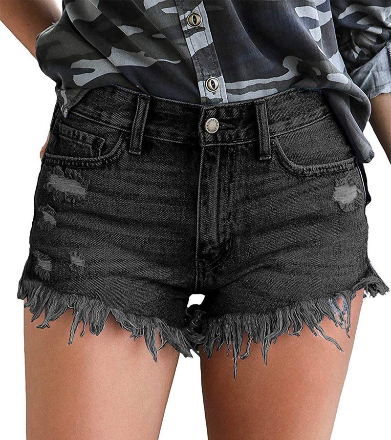 onlypuff Black Shorts for Women Mid Rise Frayed Jean Shorts Elastic Waist Distressed Shorts S, - Image 1
